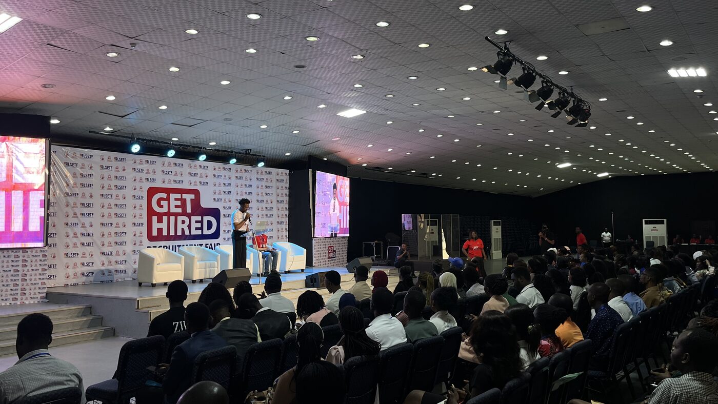 Speaking to a packed hall at the Get Hired recruitment fair