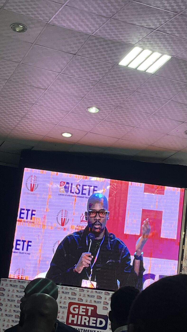 Daniel on stage at the LSETF Get Hired fair